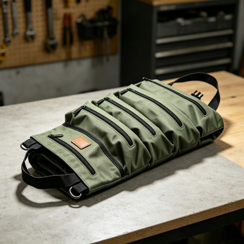 Hand Tools In Workshop - 多機能キャンバス製ツールバッグ。工具をまとめて収納できるロールタイプ。頑丈な作りで、複数のファスナー付きポケットを備え、ワークショップでの手工具の収納に最適。