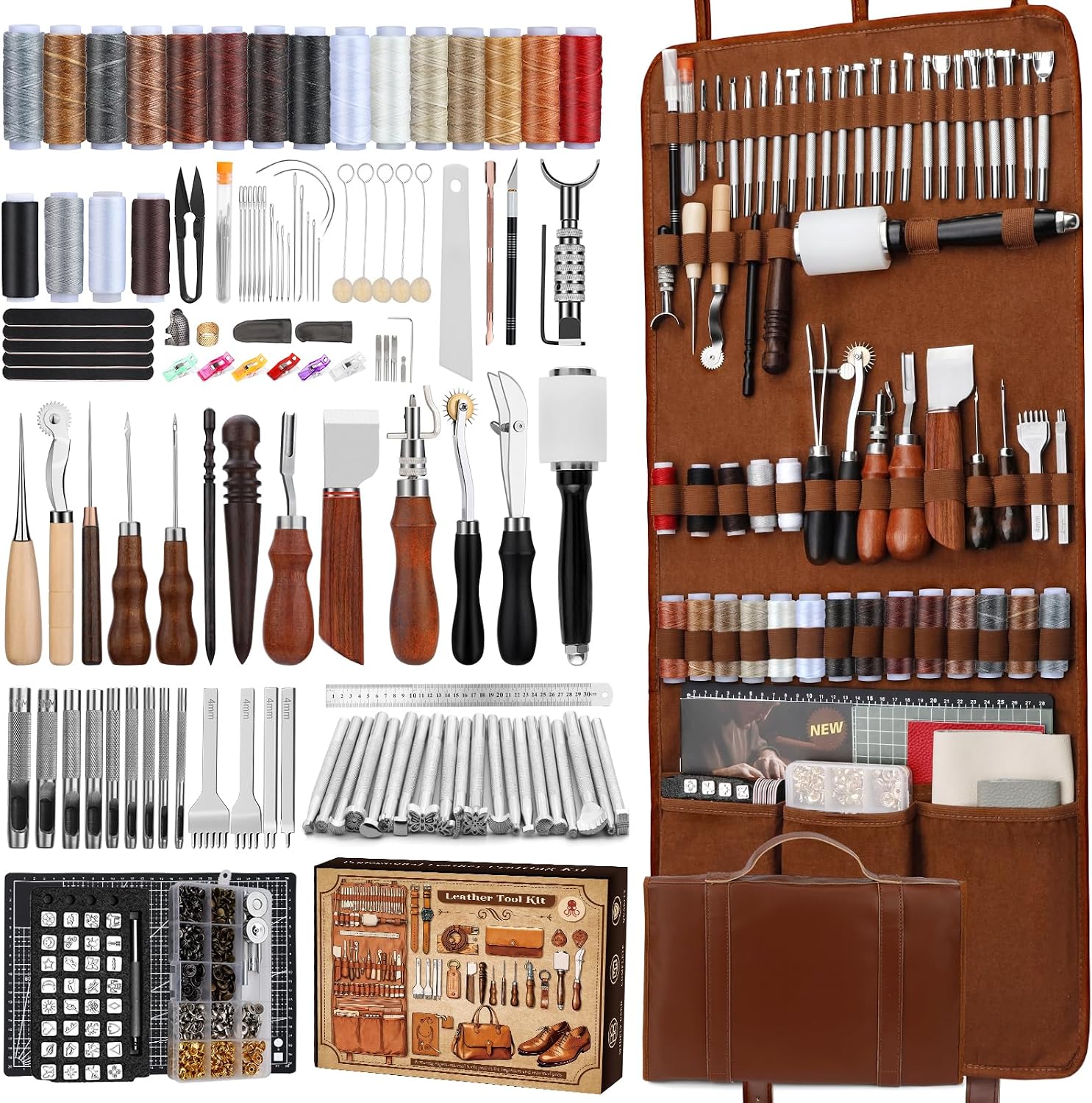 Tool Bag - 革細工キット、革細工道具とクラフトキット、カスタム収納バッグ付き、彫刻、切断、縫製、刻印、研磨用品、DIY手工芸品の製作と修理用