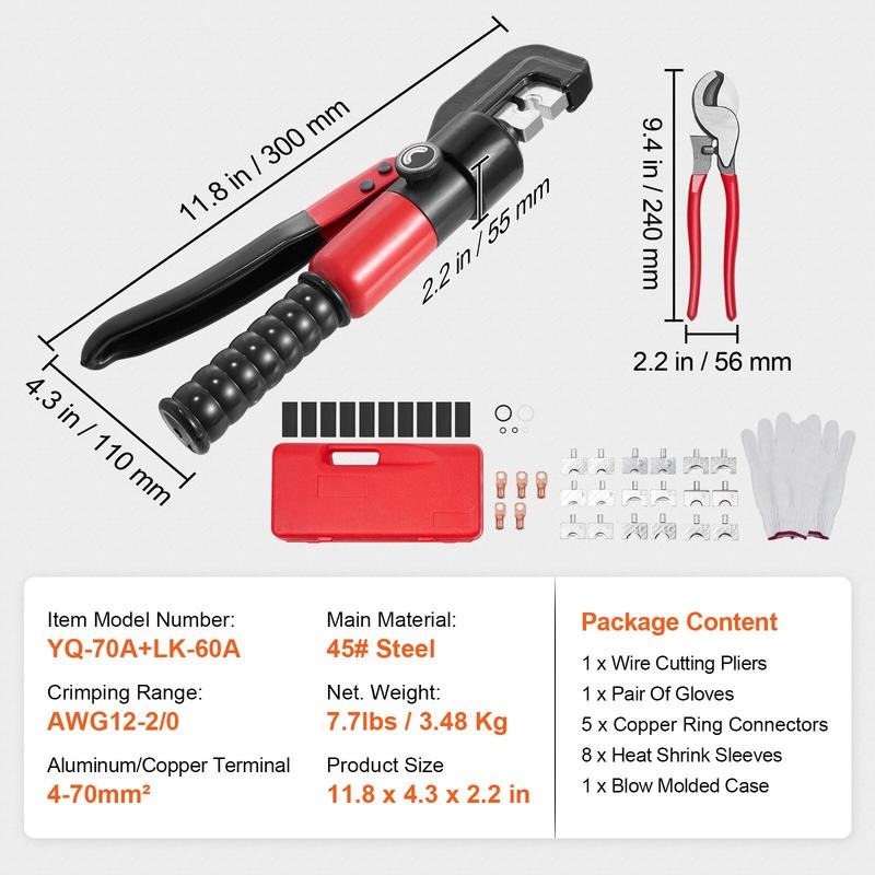 油圧圧着工具、9種類のダイス付き、AWG12-2/0銅および - Pliers のレビューと価格